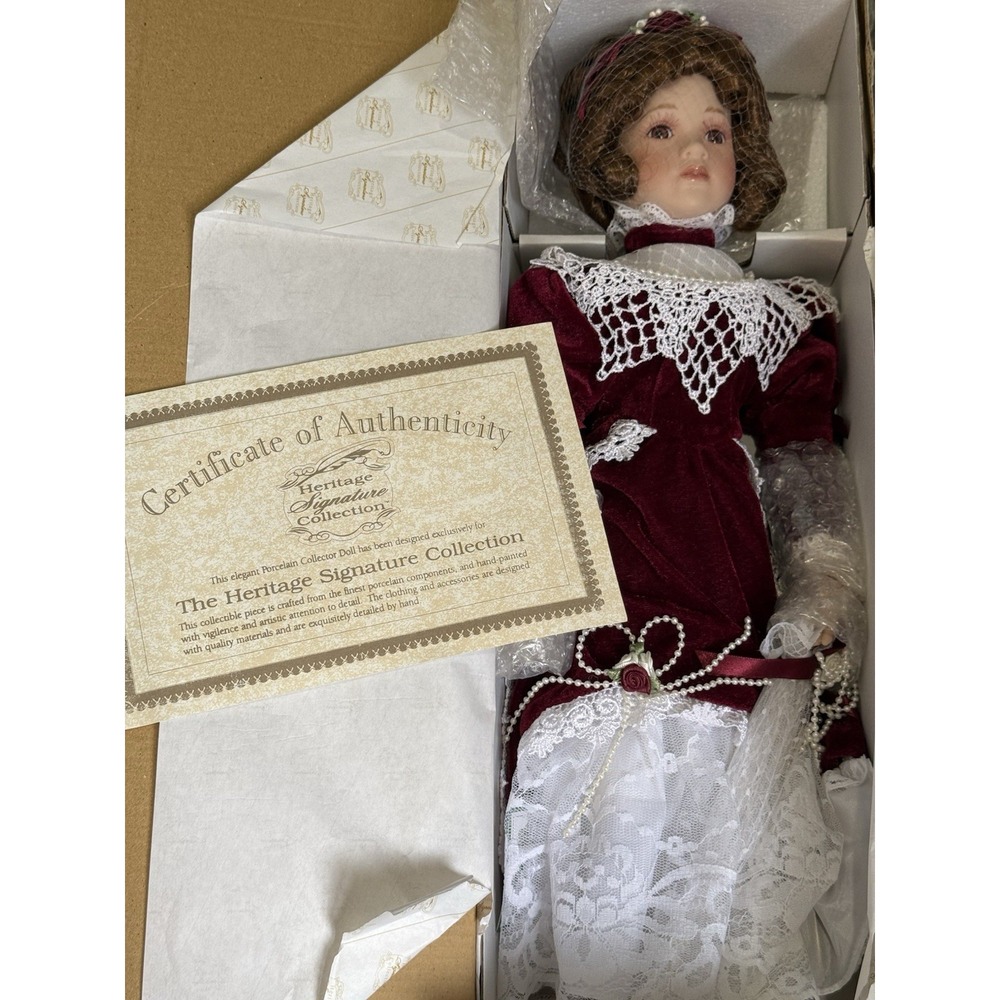 Heritage Signature Collection Porcelain Doll Curly Brown Hair Red & White Dress